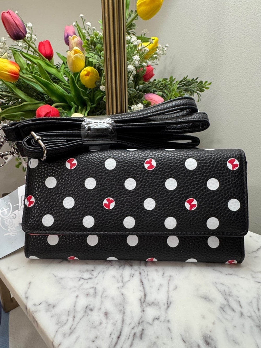 Disney Black  Polka Dot Crossbody Wallet / Wristlet with Red Accent NWT